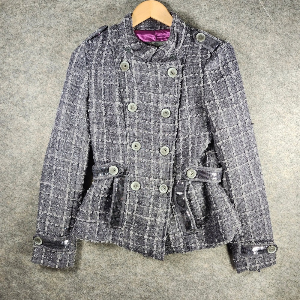 BKE Buckle Gray Plaid Tweed Blazer Jacket Sequins Double Breasted Women's Size S